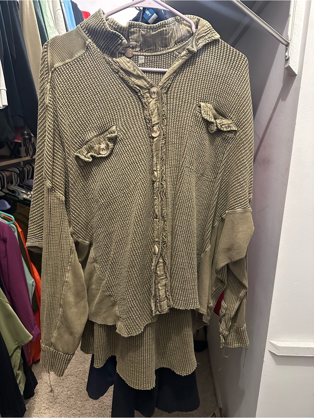Free People Olive Green Waffle-Knit Button Front Jacket Scout